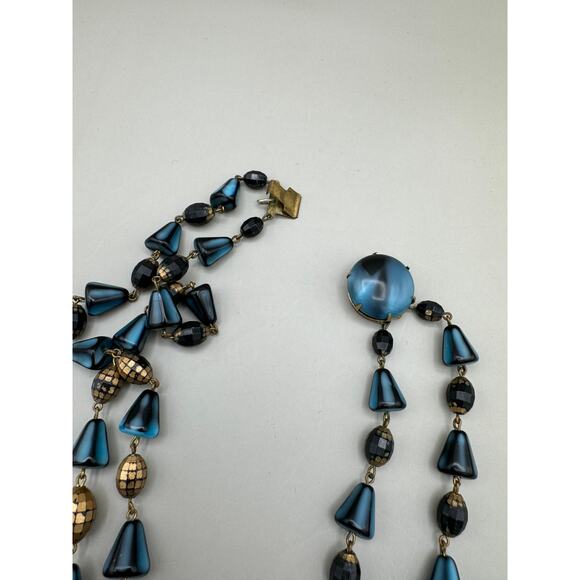 Vintage West Germany Two Strand Gold and Blue Bead Necklace - Picture 9 of 13